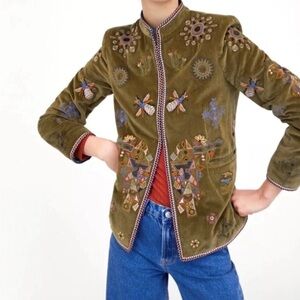 🌻 Small ZARA MOSS GREEN EMBROIDERED FLORAL VELVET BOHO BLAZER JACKET
